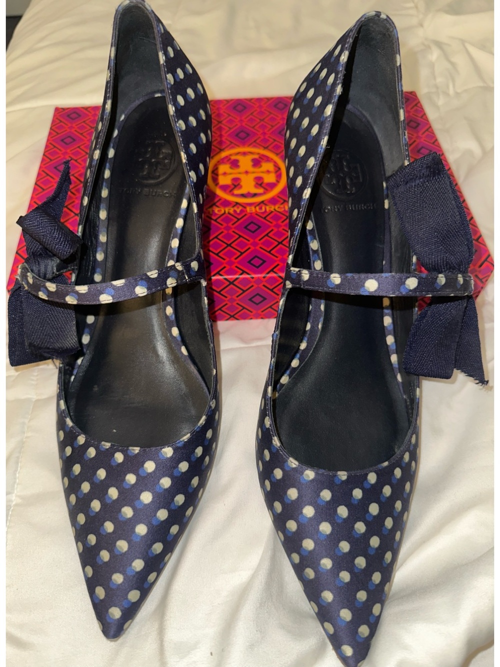 Tory Burch Navy Polka Dot Bow Kitten Heel Pump